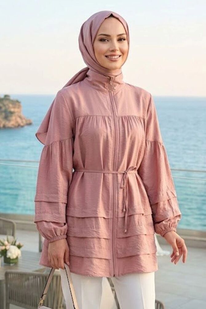 Ruffle-Detail Powder Pink Zippered Modest Tunic 15131PD - 1