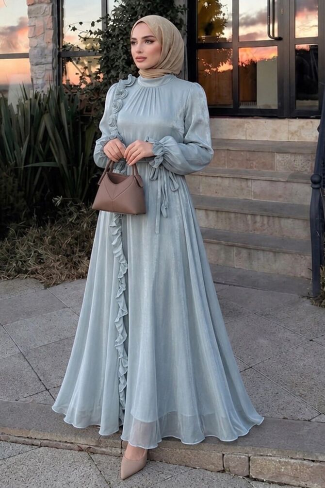 Ruffle-Detail Tie Collared Mint Modest Evening Dress 79861MINT - 1