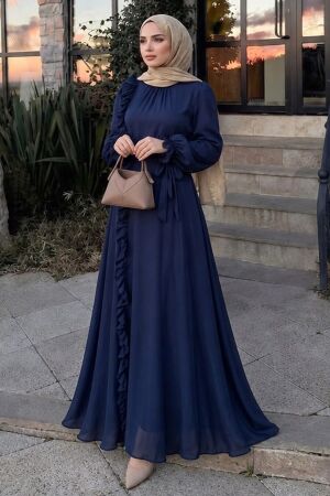 Ruffle-Detail Tie Collared Navy Blue Modest Evening Dress 79861L - 1