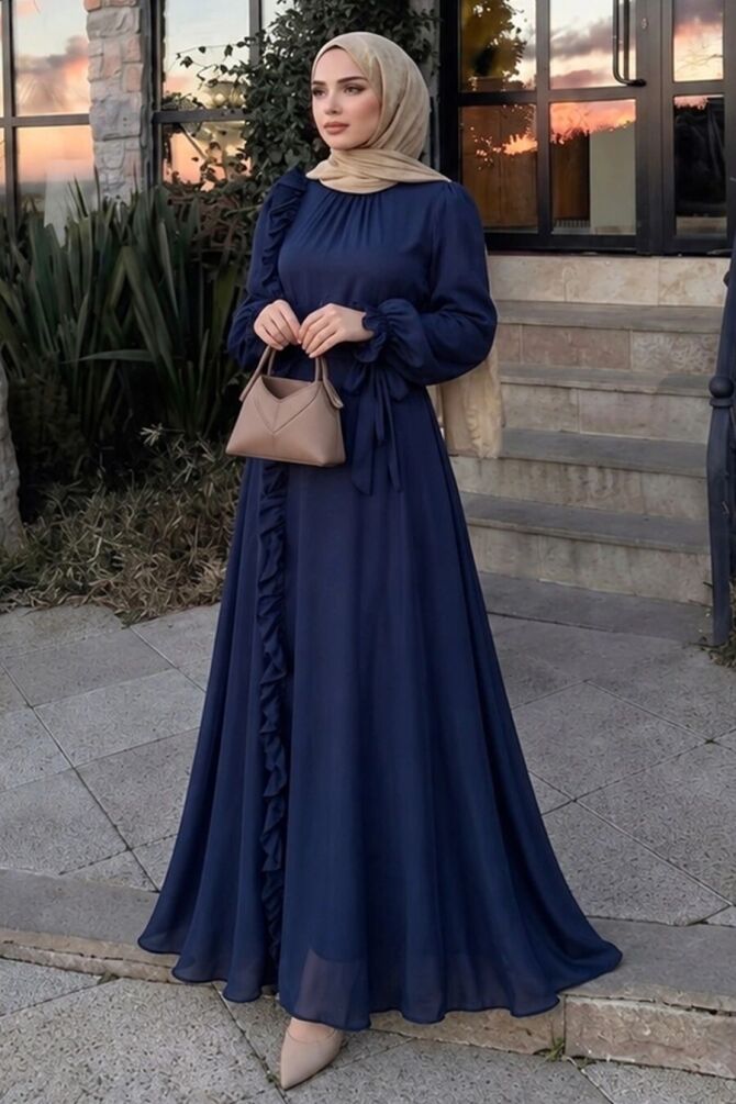 Ruffle-Detail Tie Collared Navy Blue Modest Evening Dress 79861L - 1