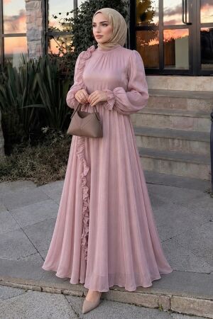 Ruffle-Detail Tie Collared Powder Pink Modest Evening Dress 79861PD 