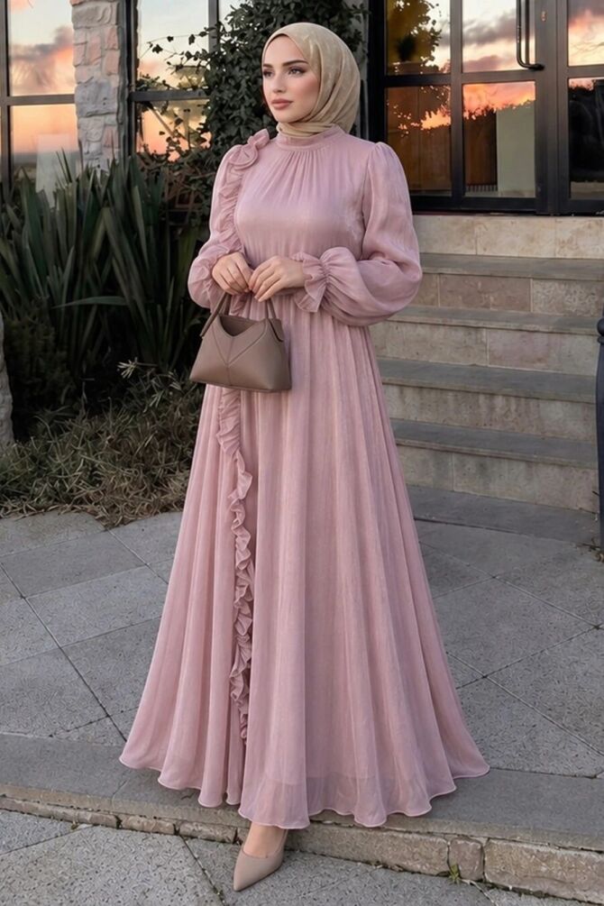 Ruffle-Detail Tie Collared Powder Pink Modest Evening Dress 79861PD - 1