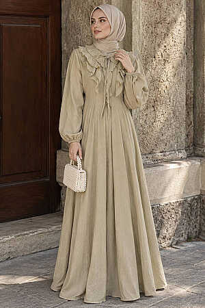Ruffle-Detail V Collared Almond Green Modest Dress 26087CY 