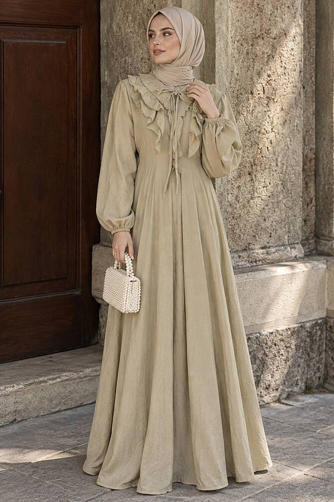Ruffle-Detail V Collared Almond Green Modest Dress 26087CY - 1