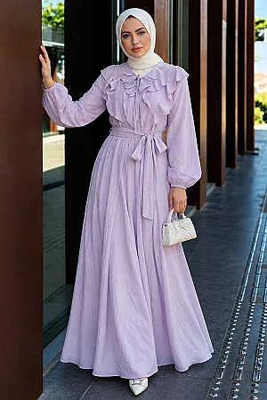Ruffle-Detail V Collared Lilac Modest Dress 26087LILA - 1