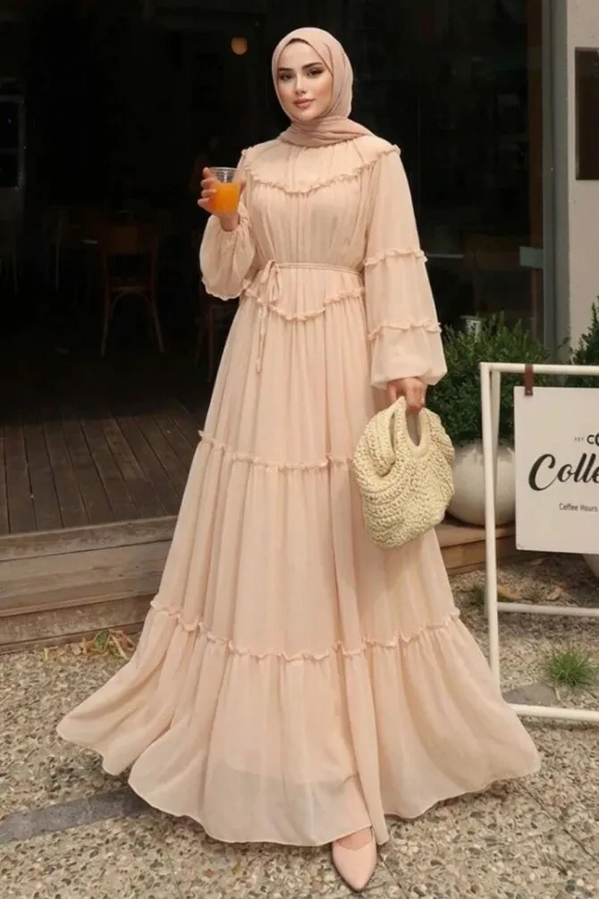 Ruffle-Detail Waist Tie-Detail Beige Modest Dress 2479BEJ - 1