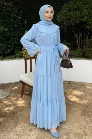 Ruffle-Detail Waist Tie-Detail Blue Modest Dress 2479M 
