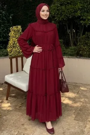 Ruffle-Detail Waist Tie-Detail Burgundy Modest Dress 2479BR - 1