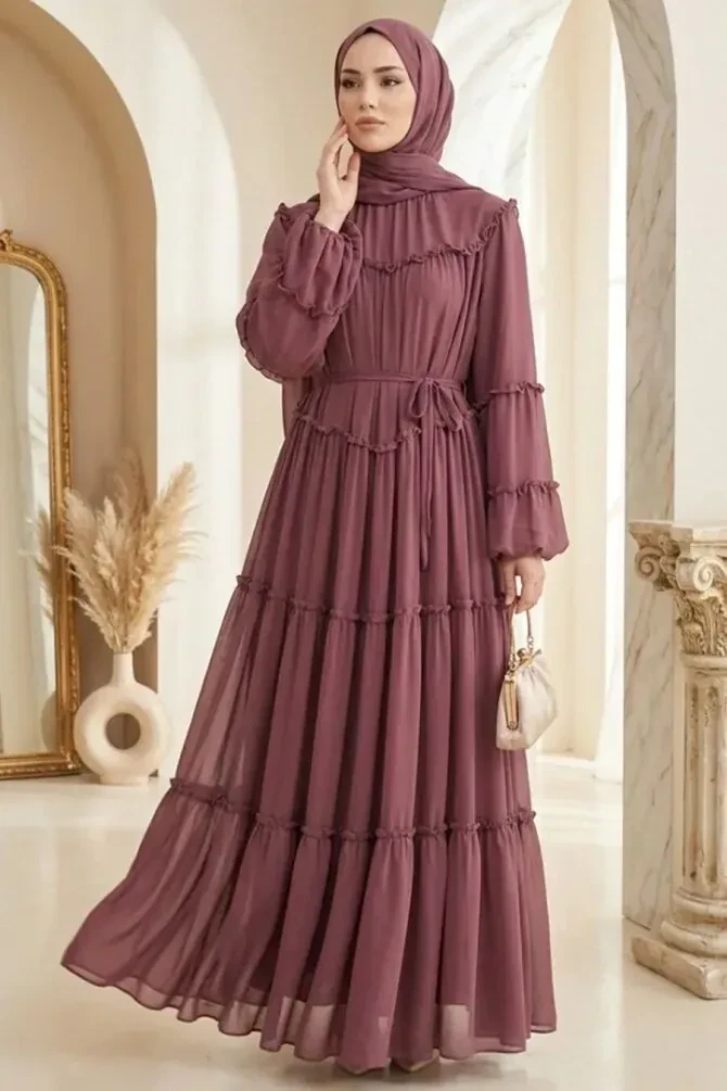 Ruffle-Detail Waist Tie-Detail Dark Dusty Rose Modest Dress 2479KGK - 1