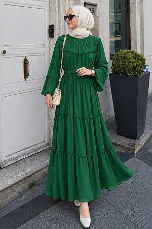 Ruffle-Detail Waist Tie-Detail Dark Green Modest Dress 2479KY 