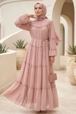 Ruffle-Detail Waist Tie-Detail Mink Modest Dress 2479V 