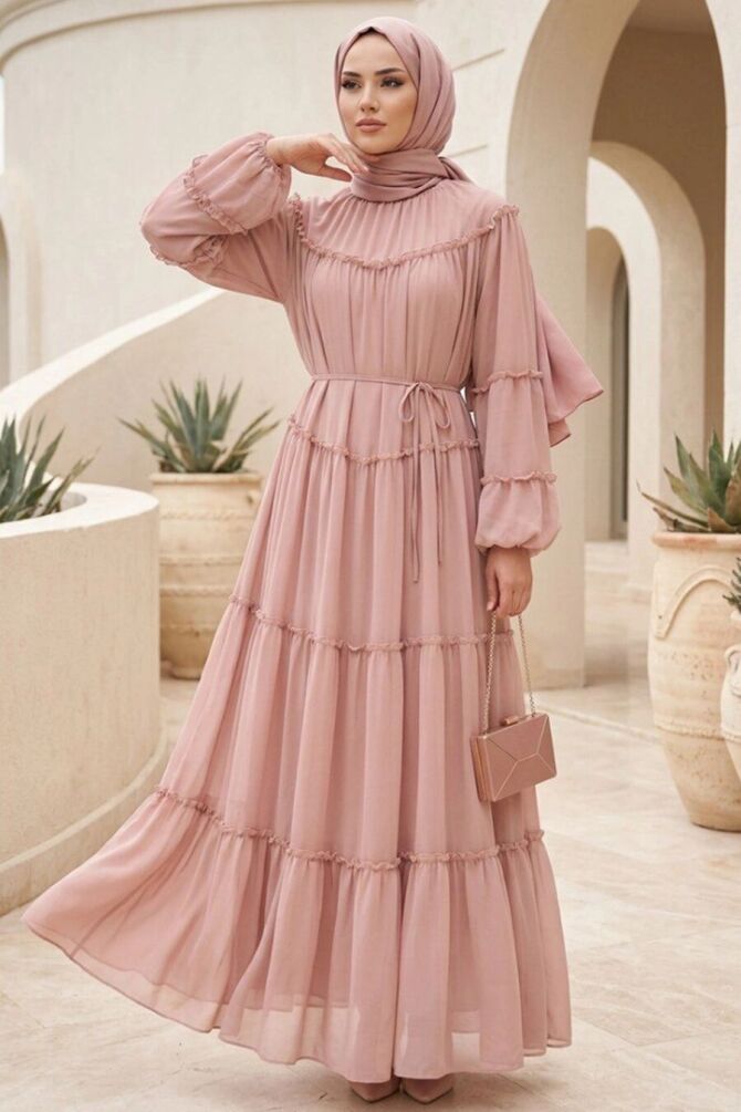 Ruffle-Detail Waist Tie-Detail Mink Modest Dress 2479V - 1