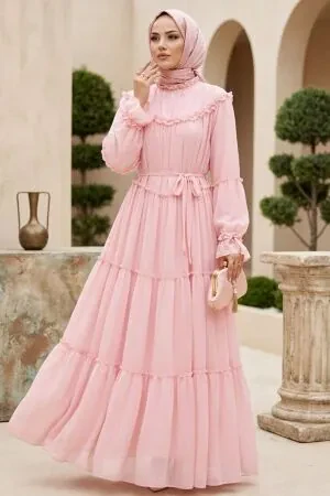 Ruffle-Detail Waist Tie-Detail Pink Modest Dress 2479P 