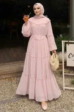 Ruffle-Detail Waist Tie-Detail Powder Pink Modest Dress 2479PD 