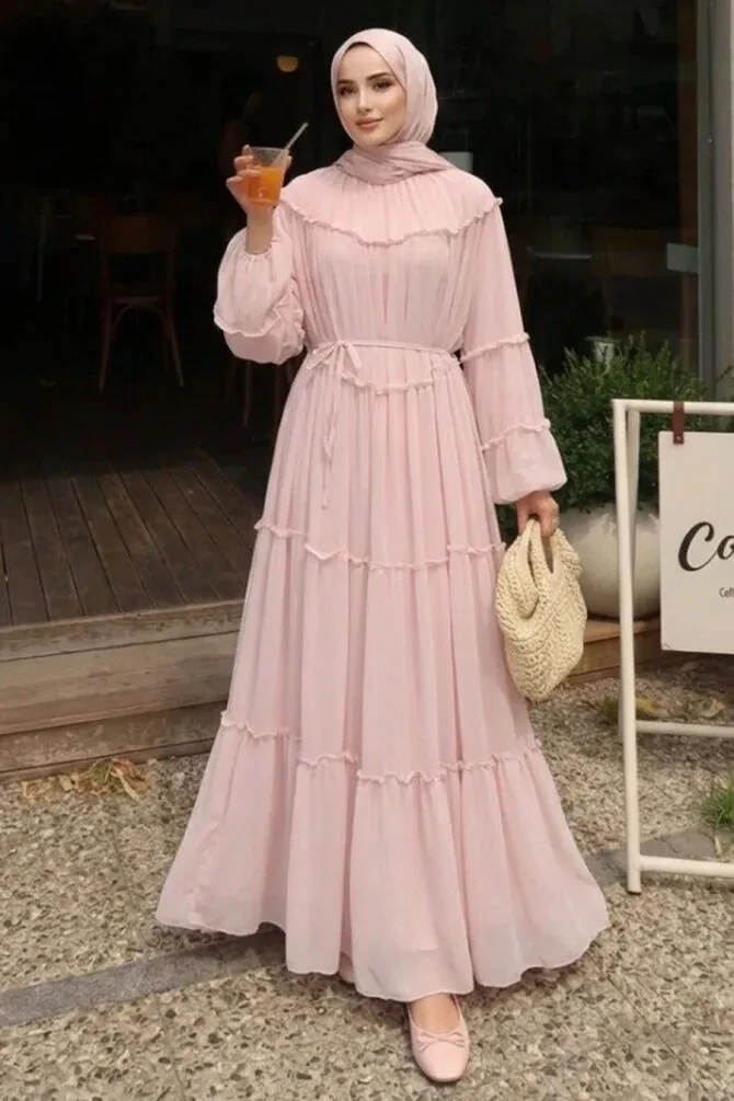 Ruffle-Detail Waist Tie-Detail Powder Pink Modest Dress 2479PD - 1