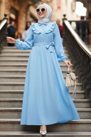 Ruffle Detailed Bebek Mavisi Modest Dress 20311BM 