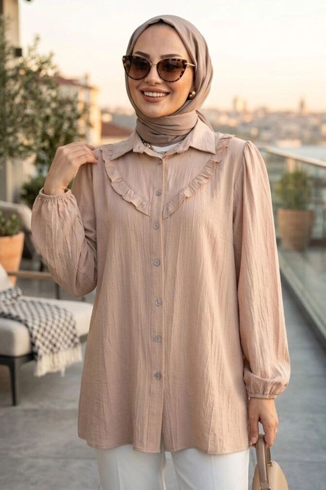 Ruffle Detailed Beige Modest Tunic 10693BEJ - 1