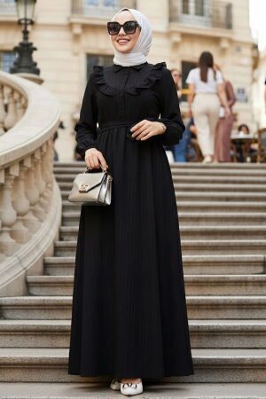 Ruffle Detailed Black Modest Dress 20311S 