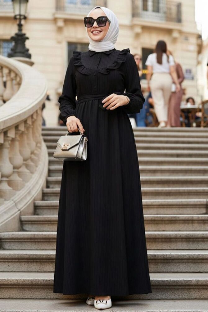 Ruffle Detailed Black Modest Dress 20311S - 1