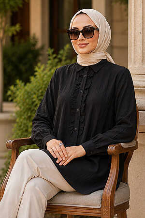 Ruffle Detailed Black Modest Shirt 10931S 