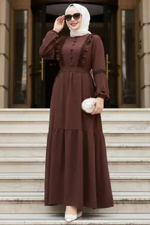 Ruffle Detailed Brown Modest Dress 10318KH - 1