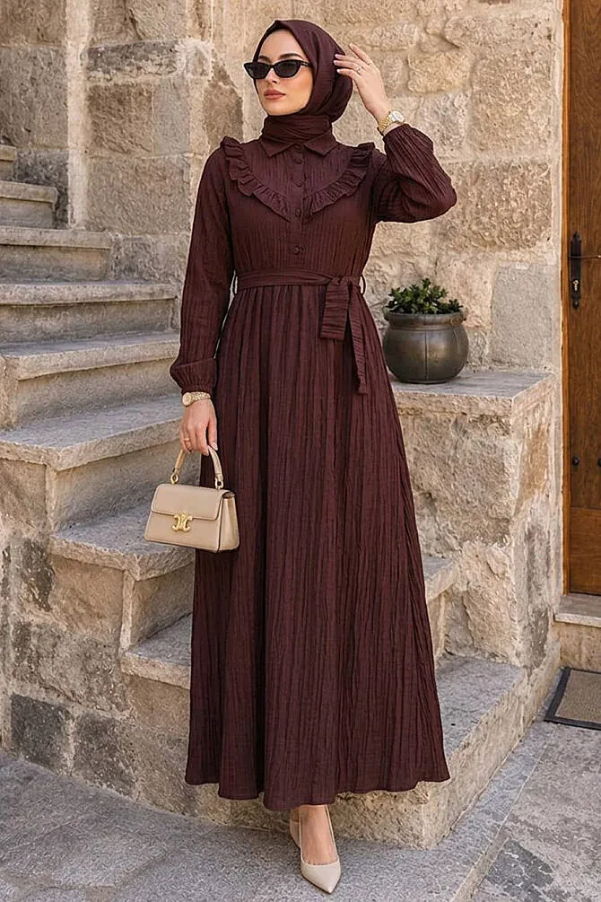 Ruffle Detailed Brown Modest Dress 20311KH - 1