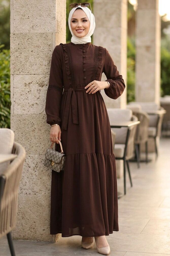 Ruffle Detailed Dark Brown Modest Dress 10318KKH - 1