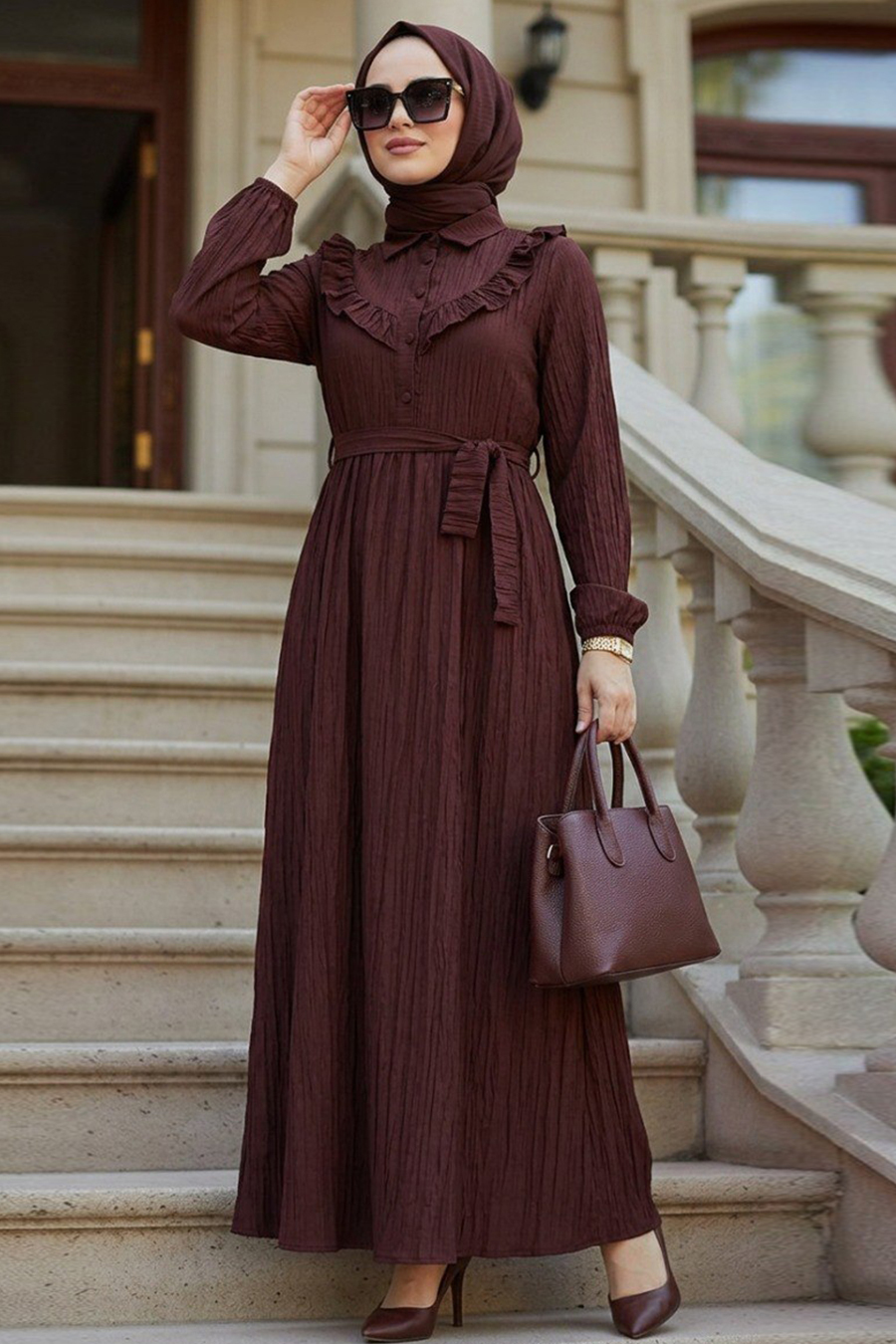 dark brown modest dress Ruffle Detailed 20311KKH Waist Size:W34 92 cm (36 in) green and blue striped hydrangea print dress