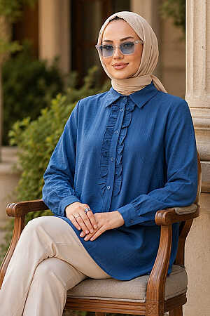 Ruffle Detailed Indigo Blue Modest Shirt 10931IM 