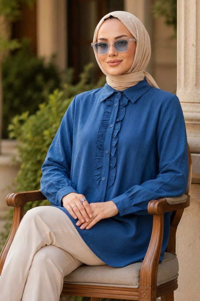 Ruffle Detailed Indigo Blue Modest Shirt 10931IM - 1