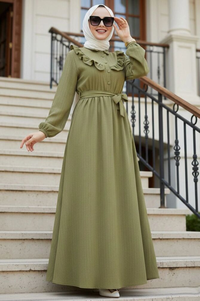 Ruffle Detailed Khaki Modest Dress 20311HK - 1