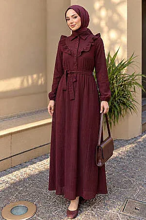 Ruffle Detailed Koyu Burgundy Modest Dress 20311KBR 