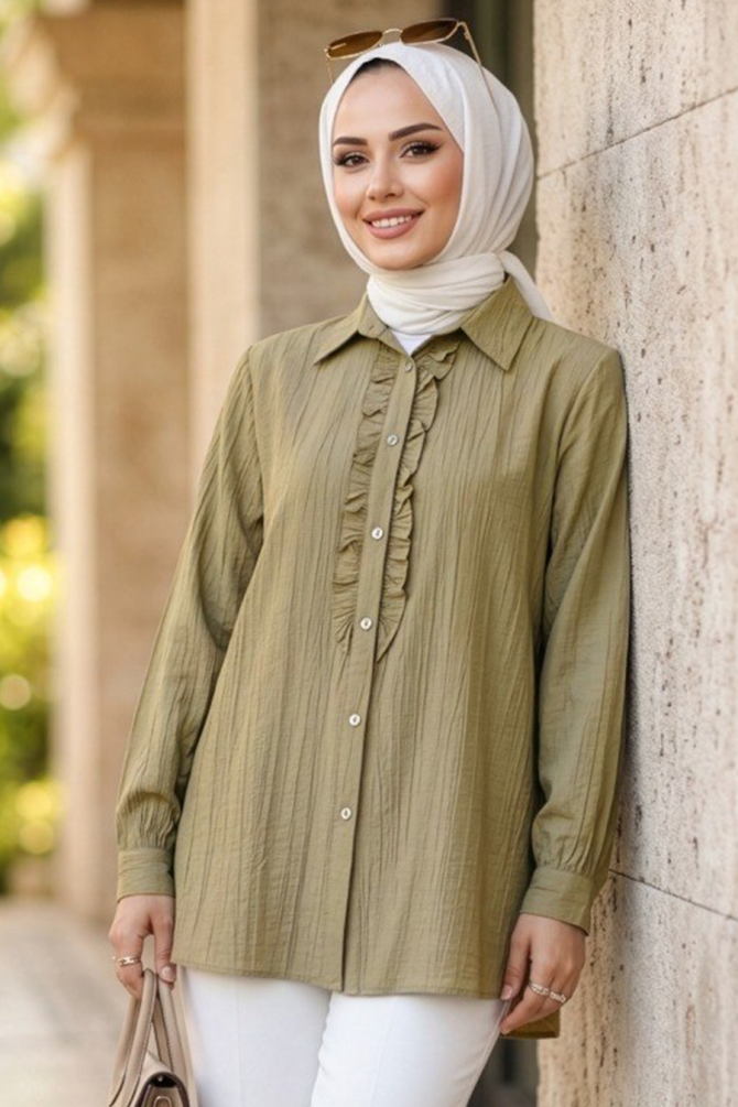 Ruffle Detailed Light Khaki Modest Shirt 10931AHK - 2