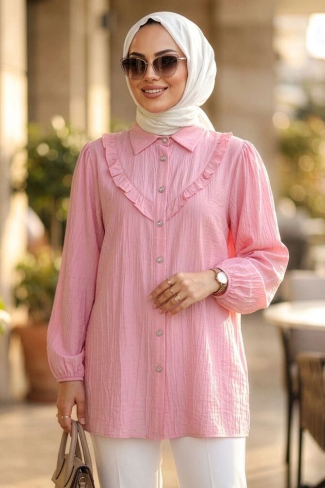 Ruffle Detailed Pink Modest Tunic 10693P - 1