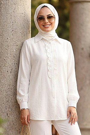 Ruffle Detailed White Modest Shirt 10931B - 2