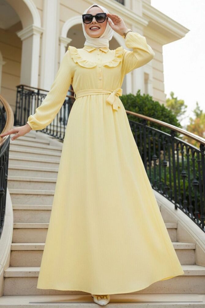 Ruffle Detailed Yellow Modest Dress 20311SR - 1