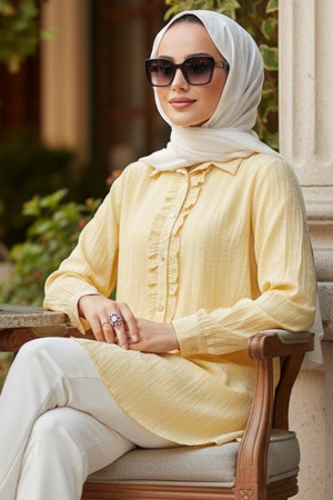 Ruffle Detailed Yellow Modest Shirt 10931SR - 2