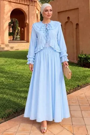 Ruffled Baby Blue Modest Shirt-and-Skirt Set 1397BM 