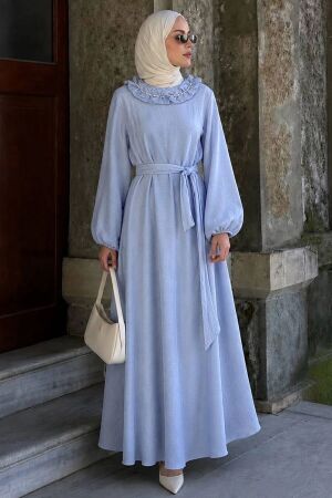 Ruffled Collar Cape-Detail Blue Modest Dress 5328M 