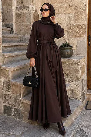 Ruffled Collar Cape-Detail Brown Modest Dress 5328KH 