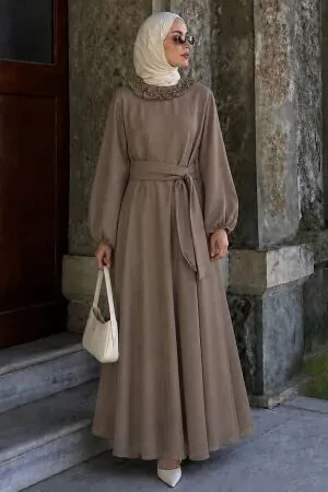 Ruffled Collar Cape-Detail Mink Modest Dress 5328V 