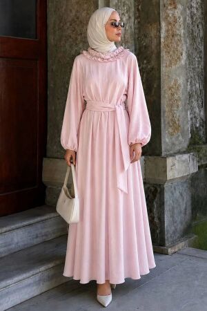 Ruffled Collar Cape-Detail Pink Modest Dress 5328P 