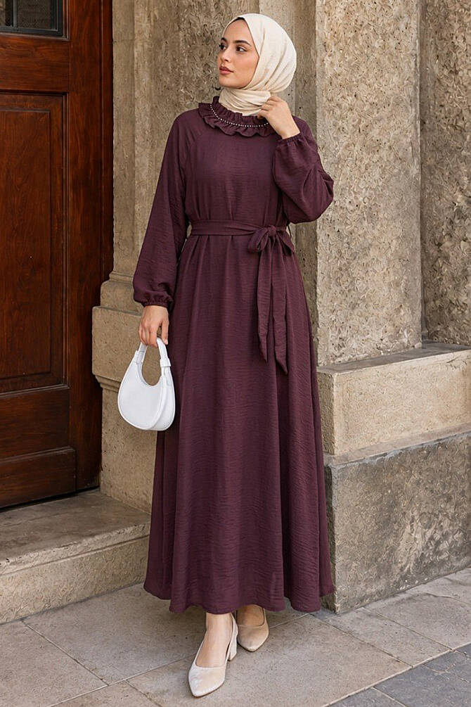 Ruffled Collar Cape-Detail Plum Modest Dress 5328MU - 1
