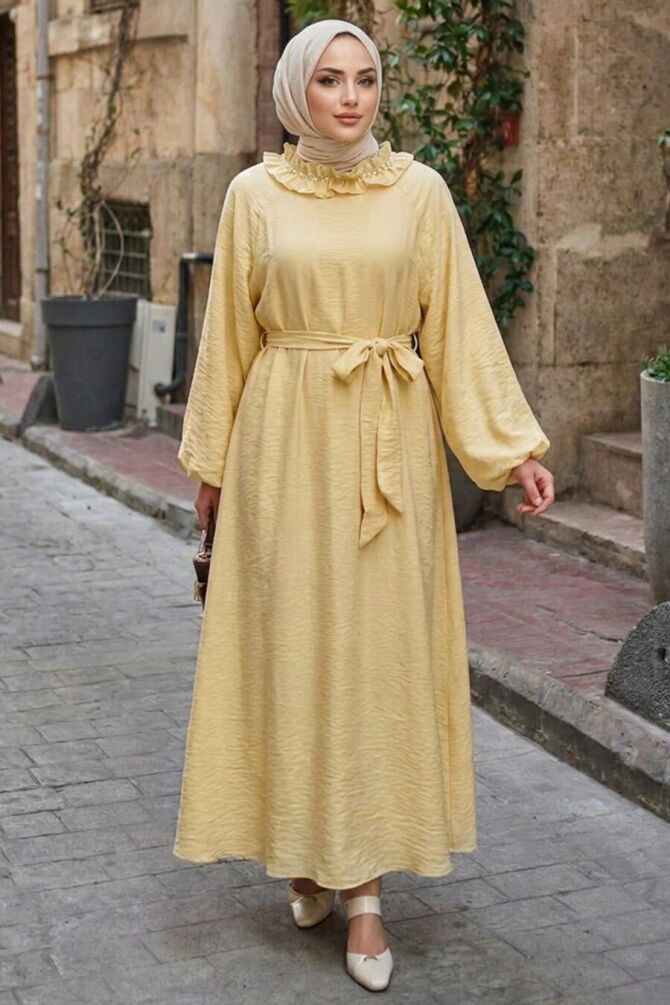 Ruffled Collar Cape-Detail Yellow Modest Dress 5328SR - 1