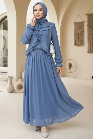 Ruffled Indigo Blue Modest Shirt-and-Skirt Set 1397IM - 1