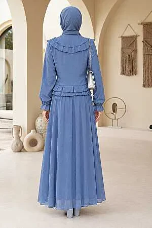 Ruffled Indigo Blue Modest Shirt-and-Skirt Set 1397IM - 2