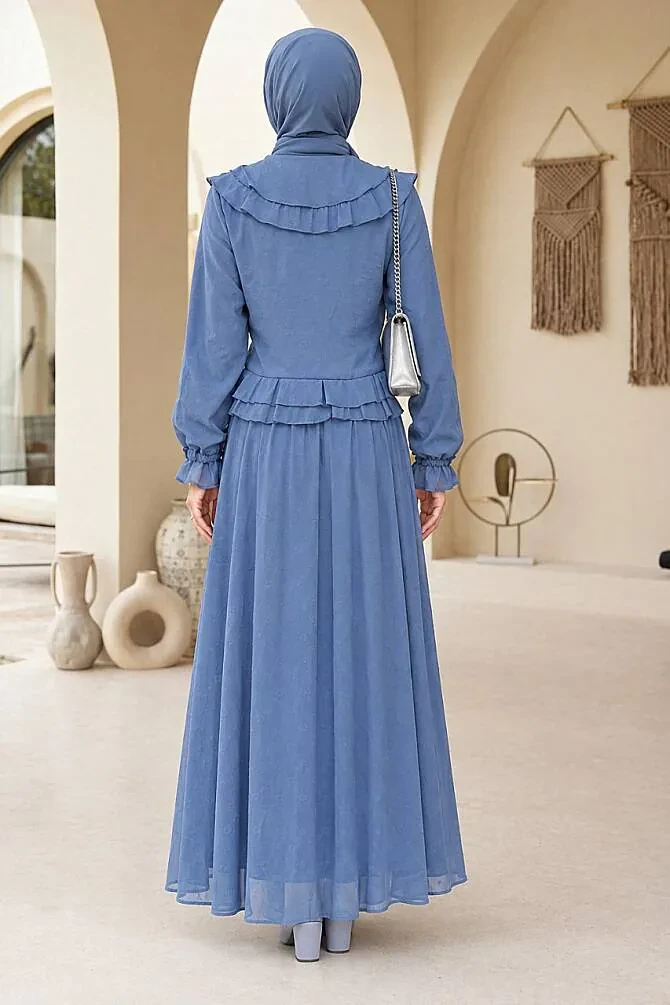 Ruffled Indigo Blue Modest Shirt-and-Skirt Set 1397IM - 2