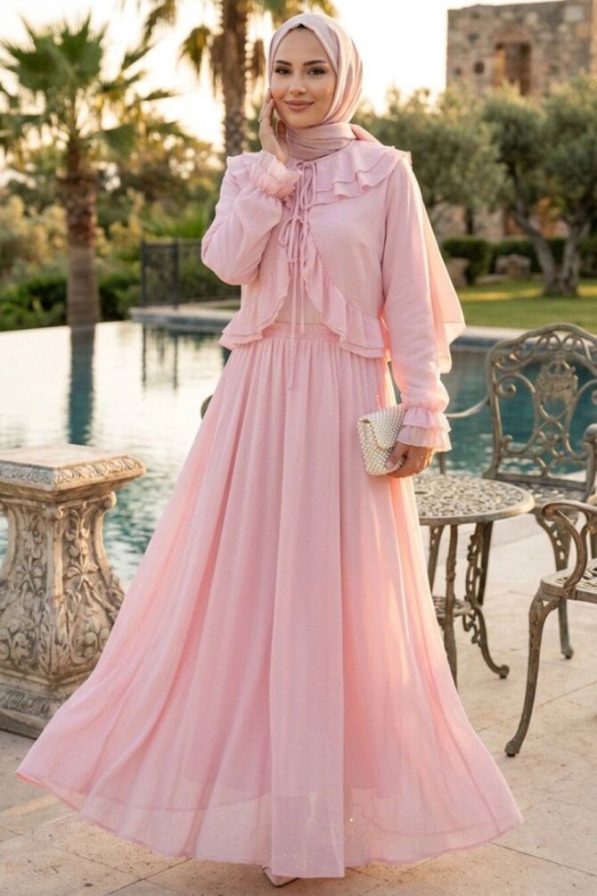 Ruffled Pink Modest Shirt-and-Skirt Set 1397P - 1