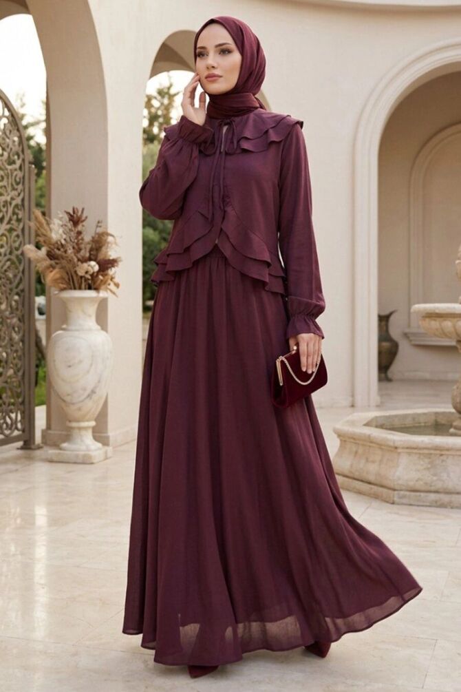 Ruffled Plum Modest Shirt-and-Skirt Set 1397MU - 1