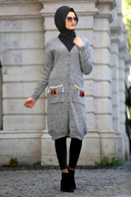 S-VUP - Grey Hijab Trico Cardigan 41850GR - Thumbnail
